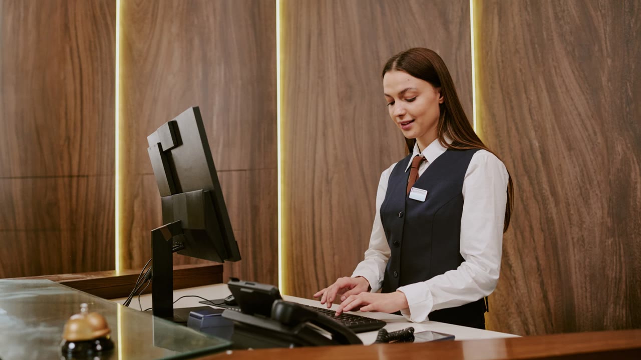 Hotel receptionist working at a front desk terminal beside a payment device in a warm, wood-panelled lobby.