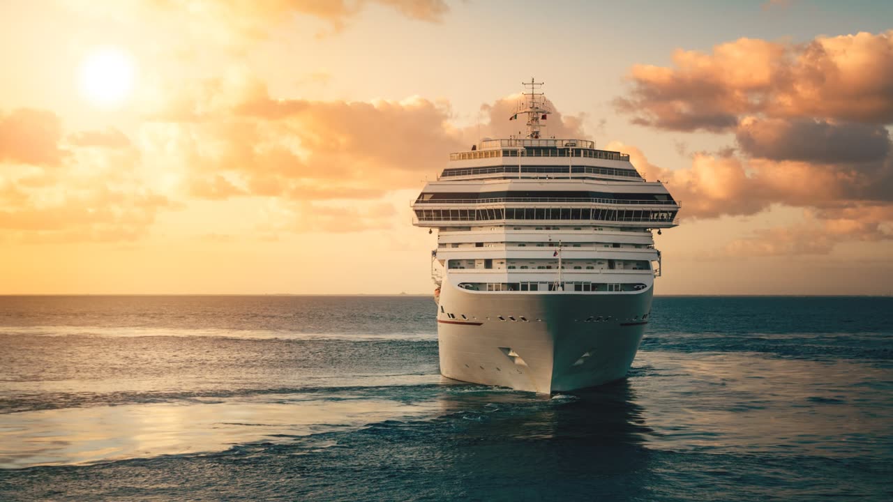 Cruise ship sailing on open ocean at sunset.