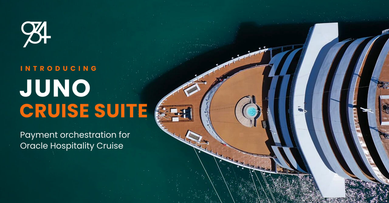 Introducing Juno Cruise Suite — payment orchestration for Oracle Hospitality Cruise, over an aerial view of a cruise ship at sea