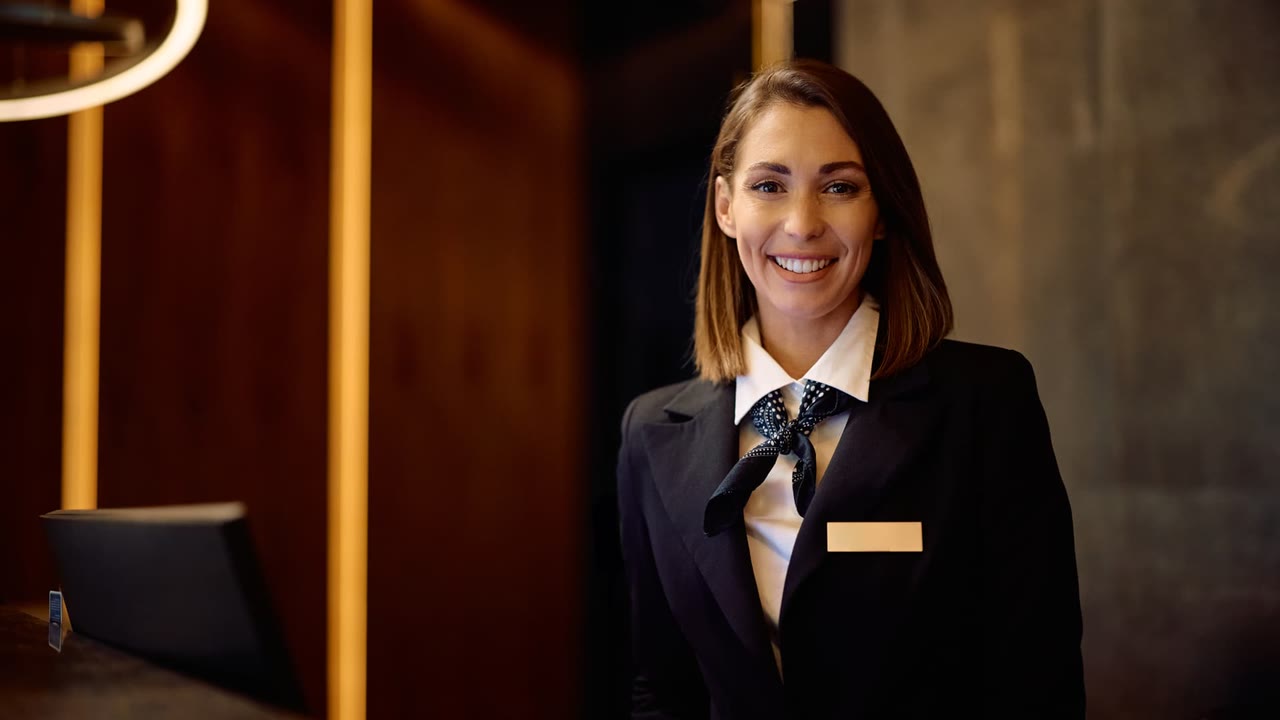 Hotel concierge at a reception desk in a warm, low-lit lobby, ready to assist guests.