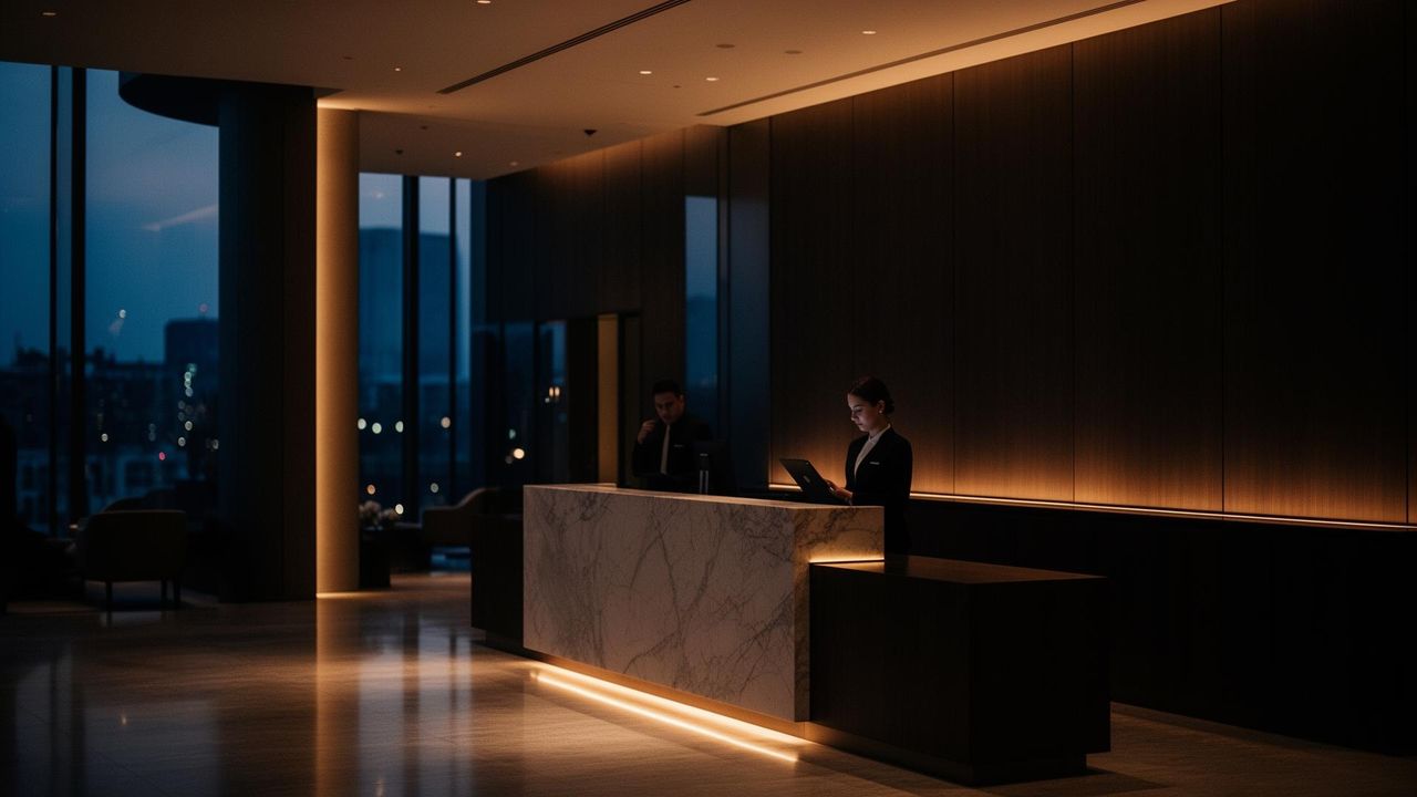 Hotel operations team reviewing payments at the front desk.