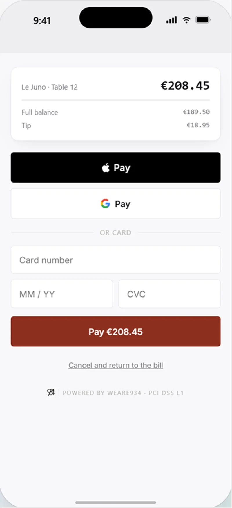 Guest Pay@Table payment screen showing the amount to pay with wallet and card payment options.