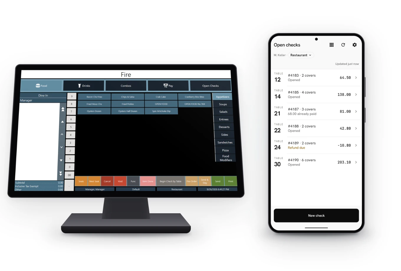 Oracle Simphony POS alongside an Android device showing open checks in Juno Pay@Table