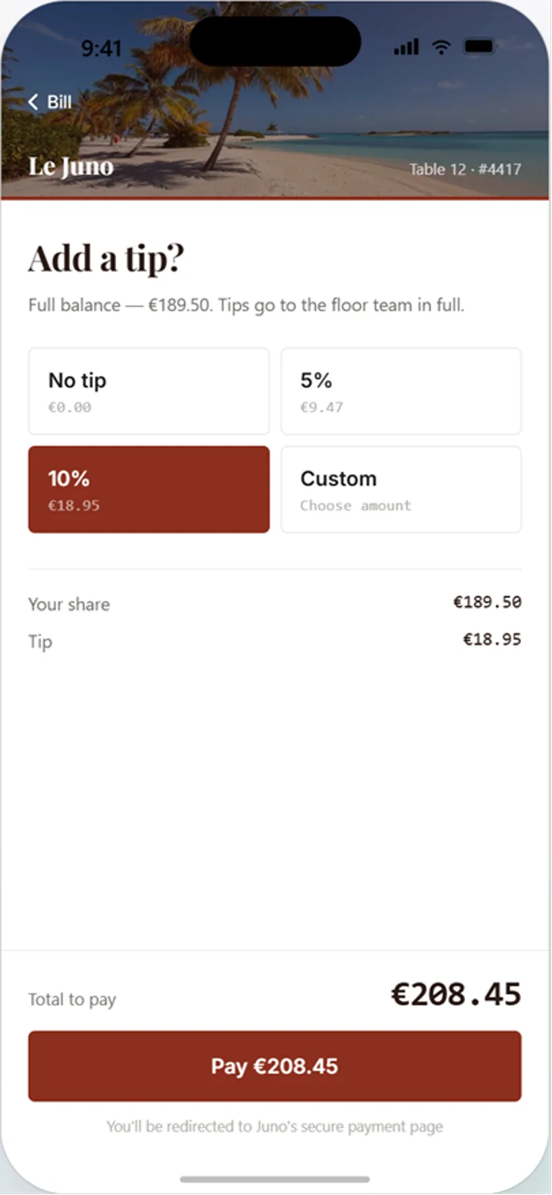 Guest Pay@Table tip screen offering no tip, five per cent, ten per cent or a custom amount, with the total to pay.