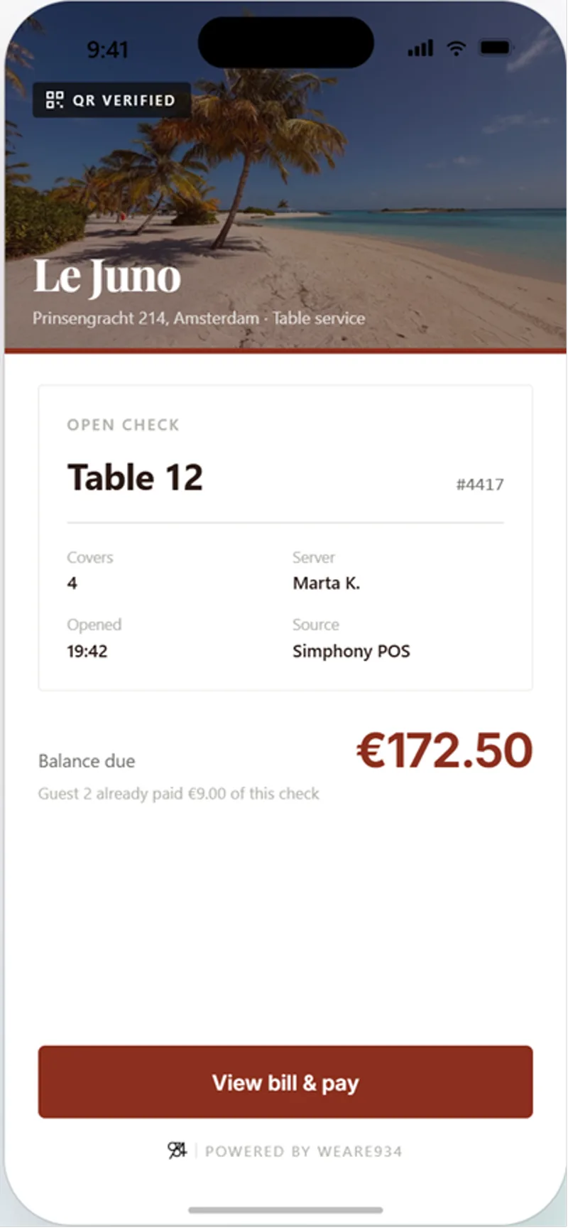 Guest Pay@Table on a phone showing a QR-verified open check for Table 12 with the balance due and a View bill and pay button.