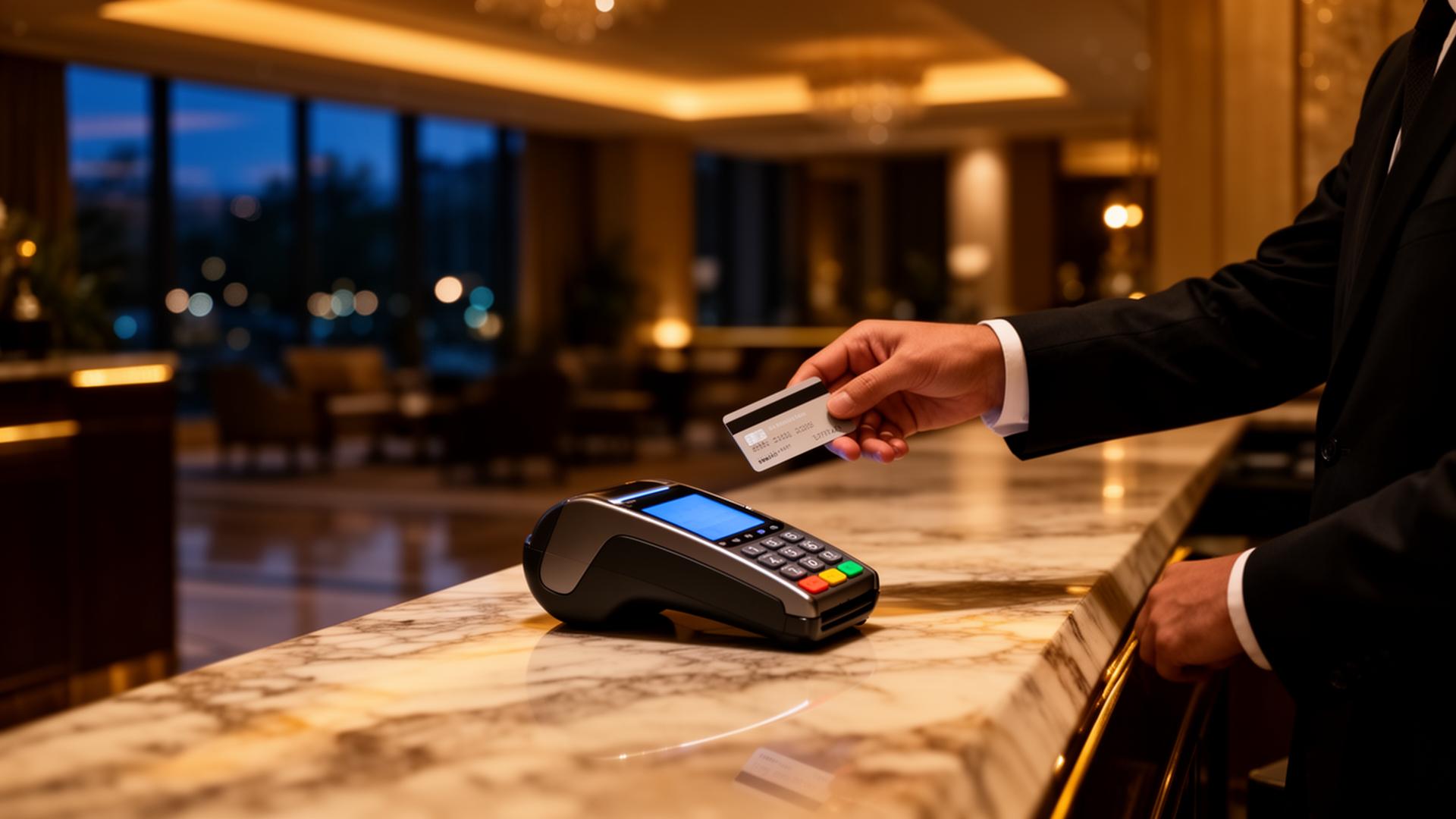 Guest paying with a card at a luxury hotel reception