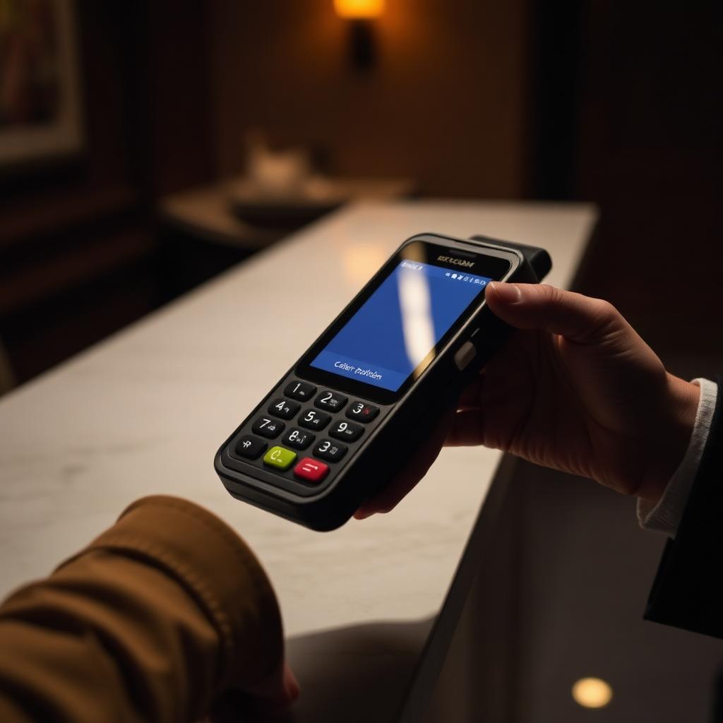 A payment terminal integrated with Juno in use at a hotel.