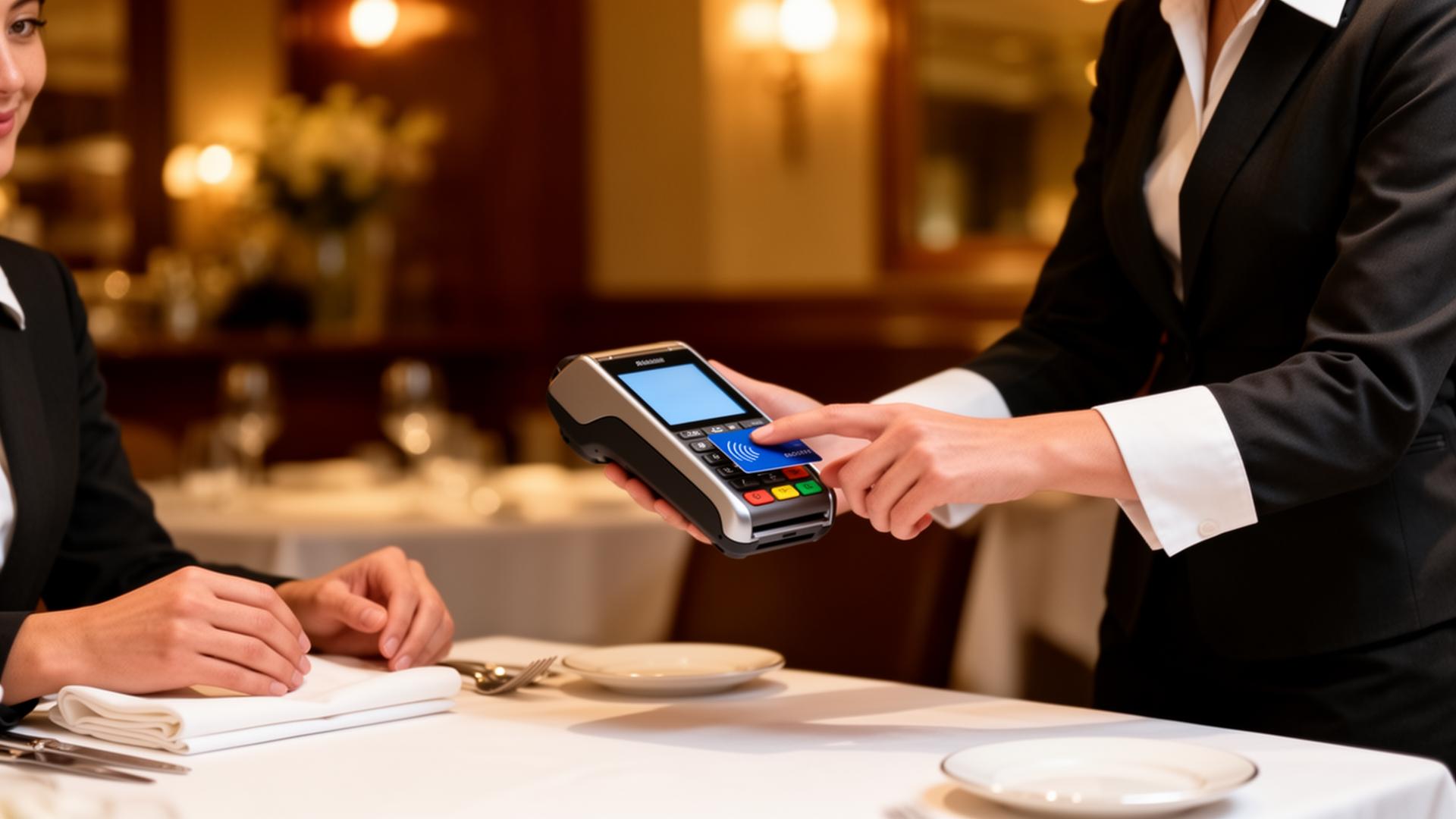 A server accepting a contactless tap-to-pay payment on a handheld device at a restaurant table.