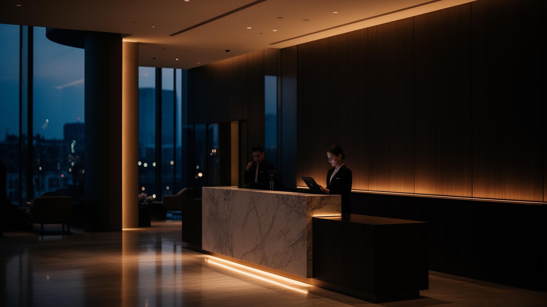 Hotel operations team reviewing payments at the front desk.