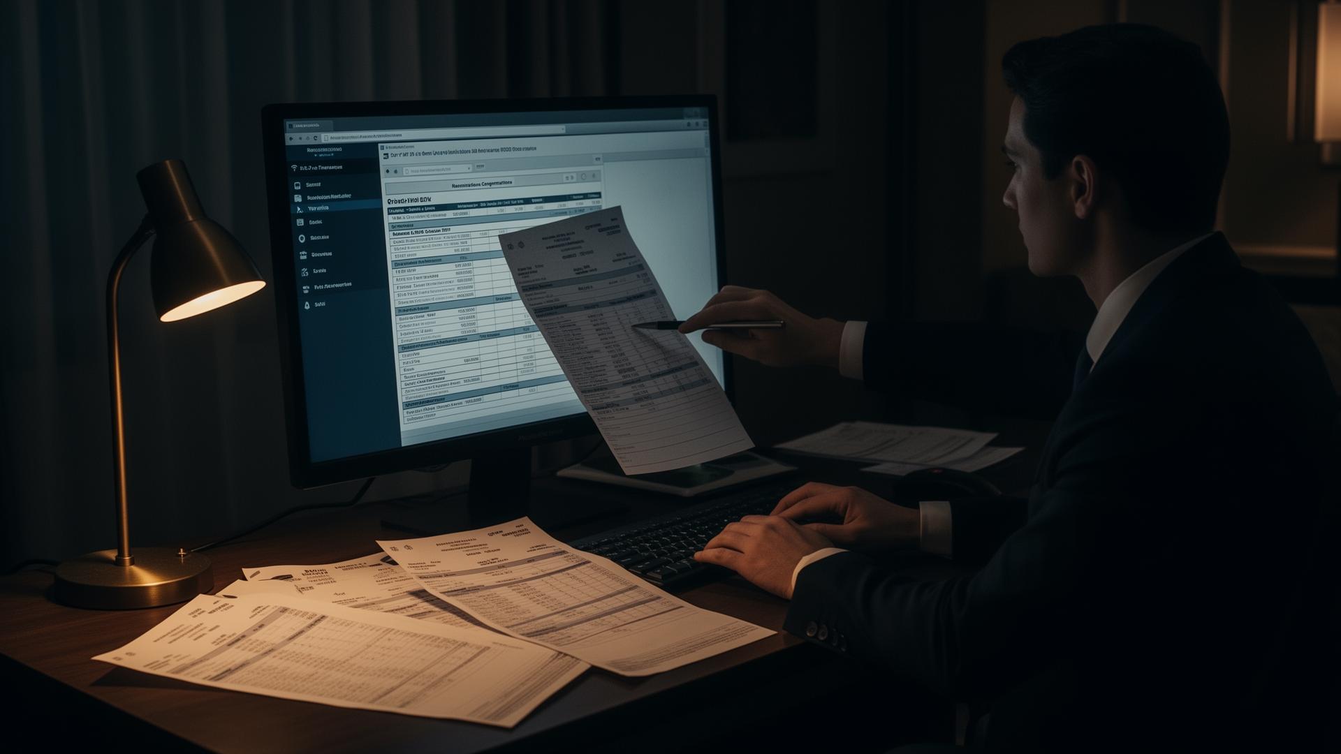 A finance professional reconciling statements in a hotel back office.